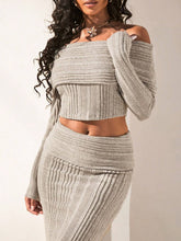 Opulessa 2pcs Set Women Solid Color Knitted Fitted Off-Shoulder Long Sleeve Top & High Waist Fishtail Skirt, Vacation Outfit